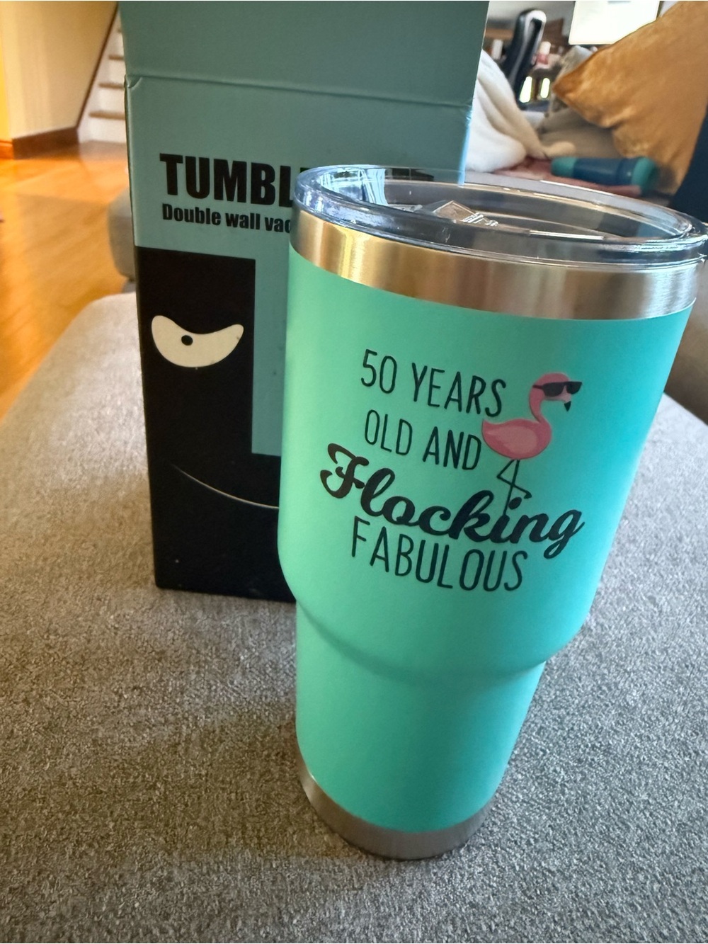 Amazon Turquoise Travel Tumbler with Pink Flamingo Graphic